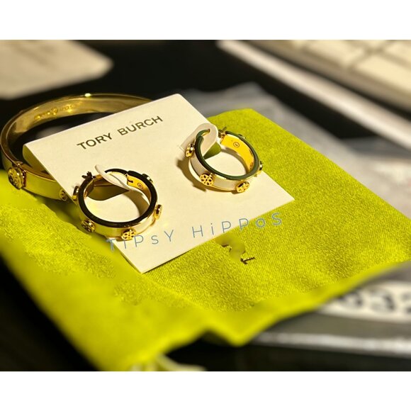 TORY BURCH WHITE AND GOLD MILLER HINGE BRACELET & EARRING SET - Picture 10 of 12